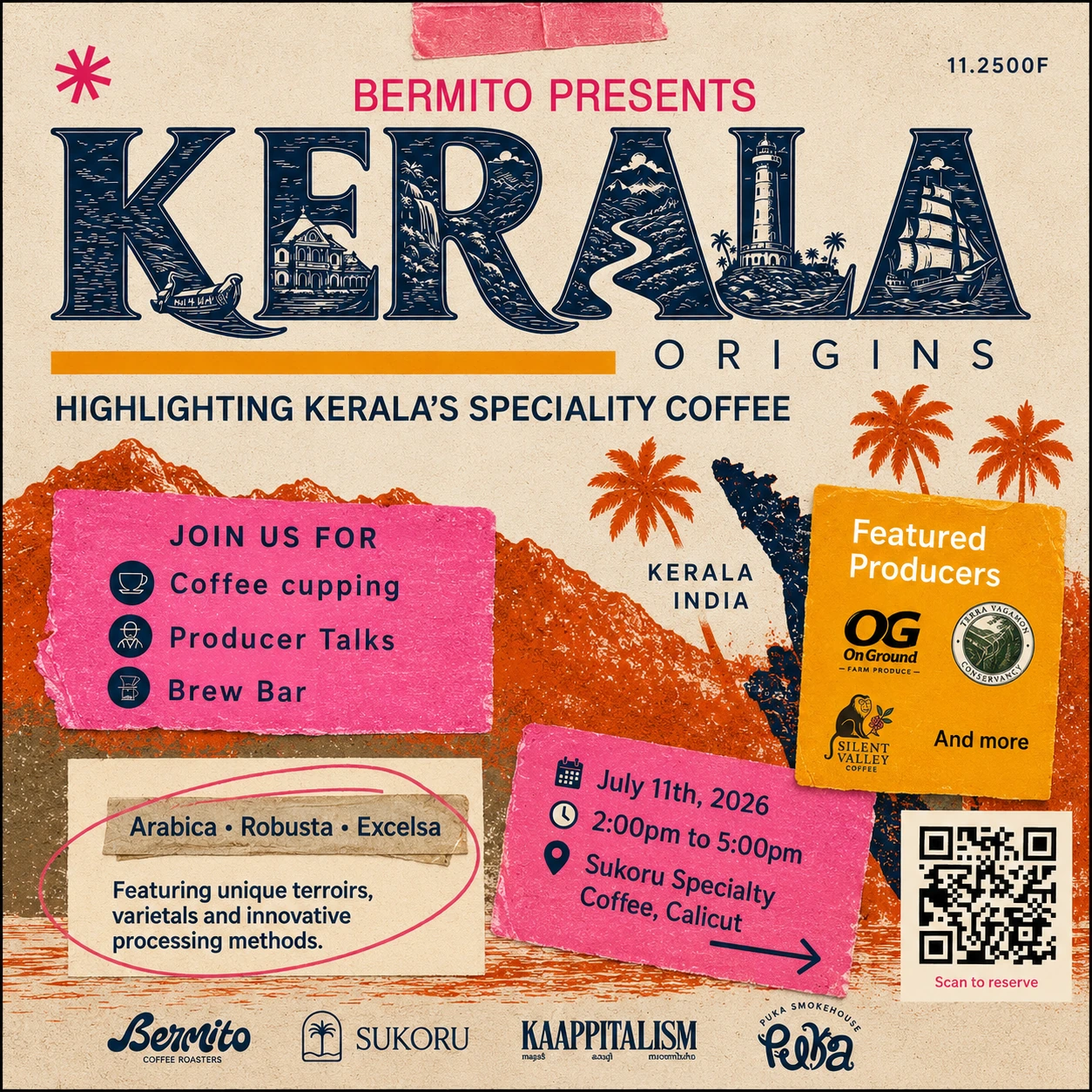 Original Kerala Origins Edition 01 poster for 11 July 2026 at Sukoru Specialty Coffee in Calicut, featuring coffee cupping, producer talks and a brew bar
